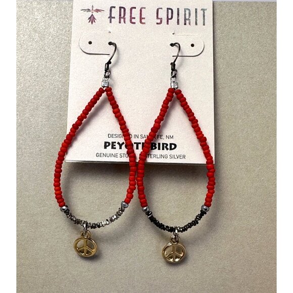 Peyote Bird Red Carnelian Beaded Hoop Earrings Gold Peace Sign Charm Boho NWT - Picture 9 of 9